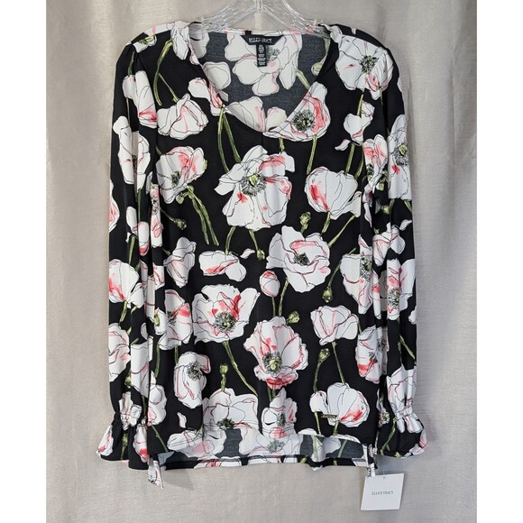 Ellen Tracy Women's Size SMALL Floral Blouse Ruffled Long Sleeve Elegant Top NEW - Picture 1 of 15